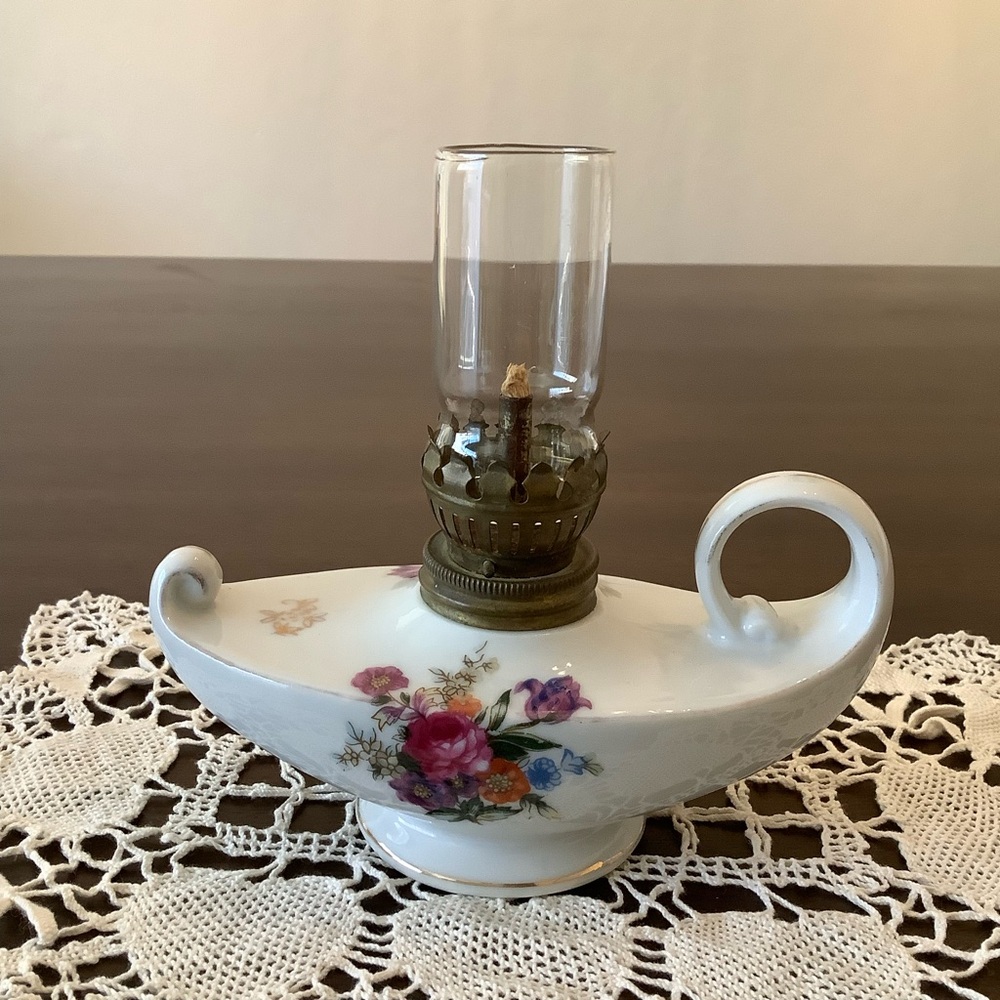 Vintage Ceramic Oil Lamp with Glass Chimney